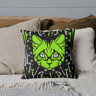 Coussin Motif de chat moderne noir lime blanc personnalisé