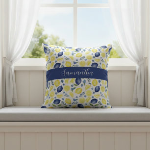 Coussin Motif de citron de campagne française bleu Nom
