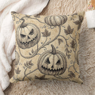 Coussin Motif de citrouille de Halloween vintage sur vigne