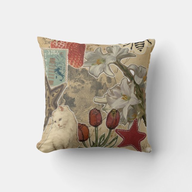 Coussin Motif de collage floral de chat – Conception artis (Recto)