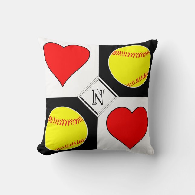 Coussin Motif de contrôle de Carré de softball et de coeur (Recto)