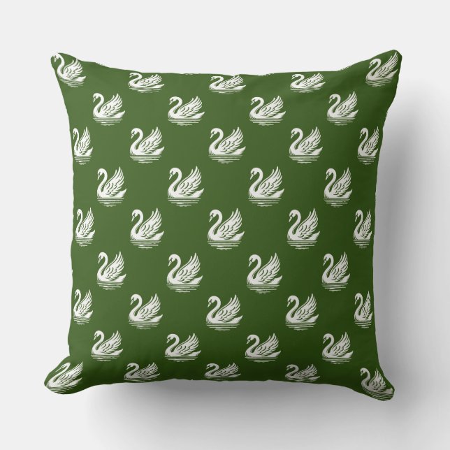 Coussin Motif de cygne - Blanc sur vert forestier (Recto)