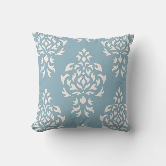 Coussin Motif de Damas de crête - Crème sur Bleu (Recto)