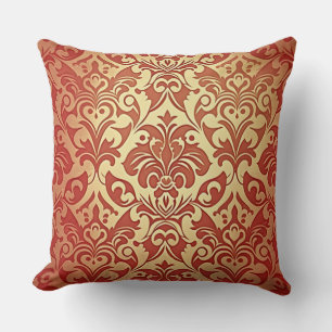 Coussin Motif de damas ornemental en terre cuite et crème