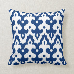 Coussin Motif de damassé de tuile, bleu de cobalt et blan
