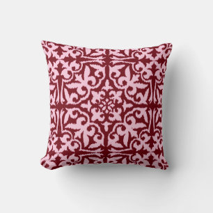 Coussin Motif de damassé d'Ikat - Bourgogne et rose