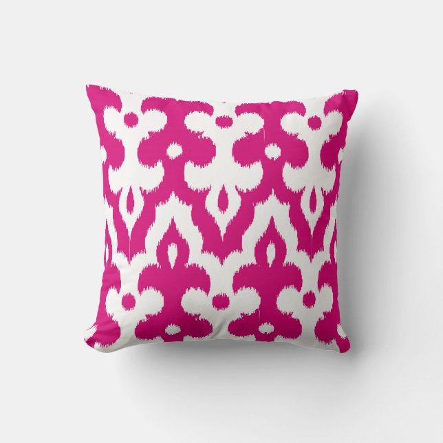 Coussin Motif de damassé d'Ikat de Marocain, rose fuchsia (Recto)
