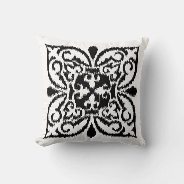 Coussin Motif de damassé d'Ikat - noir et blanc (Recto)