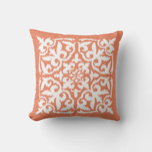 Coussin Motif de damassé d'Ikat - orange et blanc de