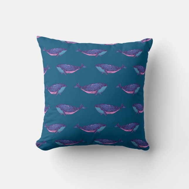 Coussin Motif de dessin de baleine mignonne en bleu océan (Recto)