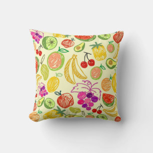 Coussin Motif de Doodle de Fruit Assorti Jaune réversible