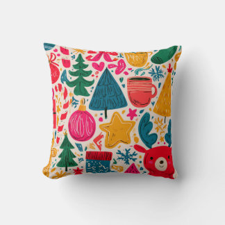 Coussin Motif de doodle de Noël lumineux et fantaisiste