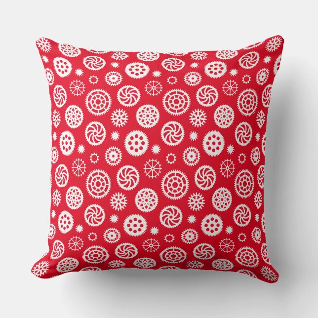 Coussin Motif de engrenages 070819 - Blanc sur rouge (Recto)