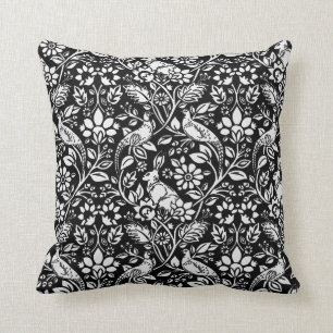 Coussin Motif de faisan et lièvre, noir et blanc
