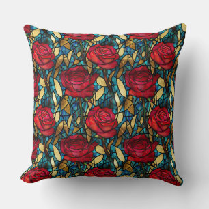 Coussin Motif de faux vitrail de rose rouge élégant