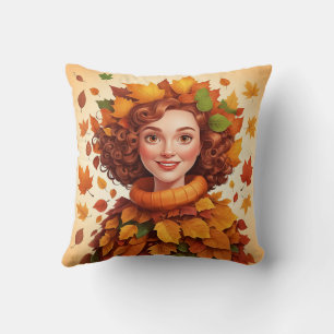 Coussin Motif de femme automnale aux feuilles colorées mig