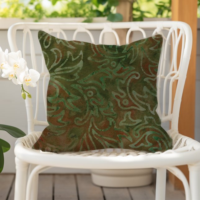 Coussin Motif de feuillage vert et rouille Boho Batik (Créateur téléchargé)