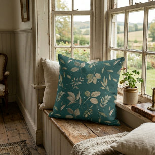 Coussin Motif de feuille botanique moderne Turquoise foncé