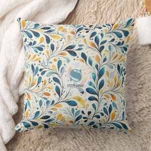 Coussin Motif de feuille botanique sarcelle marine ambre