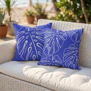 Coussin Motif de feuille tropicale blanche sur bleu persan