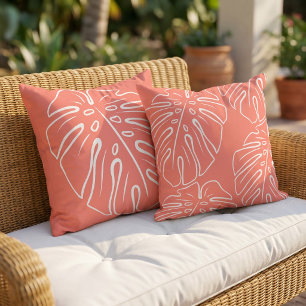 Coussin Motif de feuille tropicale blanche sur corail roug