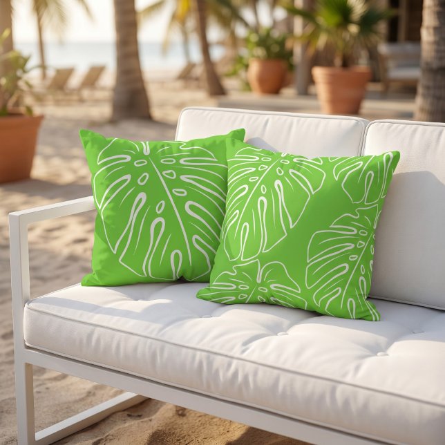 Coussin Motif de feuille tropicale blanche sur fond vert c (Créateur téléchargé)
