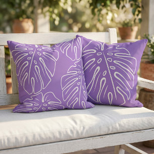 Coussin Motif de feuille tropicale blanche sur violet lava