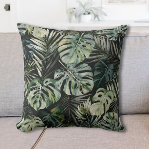 Coussin Motif de feuilles de forêt tropicale verte aquarel