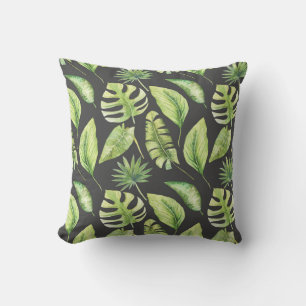 Coussin Motif de feuilles tropicales vertes botanique noir