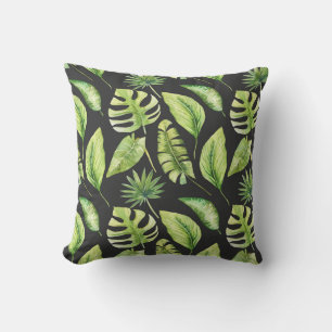Coussin Motif de feuilles tropicales vertes sur fond botan