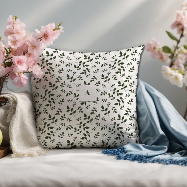 Coussin Motif de feuilles vert blanc monogramme (Créateur téléchargé)