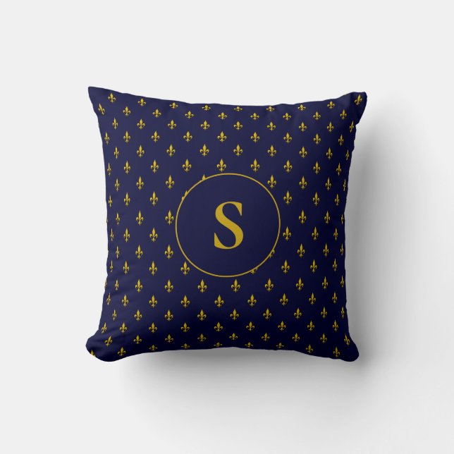 Coussin Motif de Fleur de Lis dorée sur monogramme bleu ro (Recto)