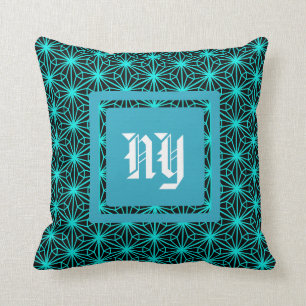 Coussin Motif de fleur géométrique d'Aqua sur le blanc