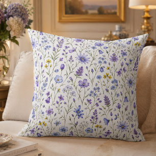 Coussin Motif de fleur sauvage à l'aquarelle bleu violet j
