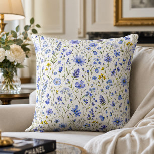 Coussin Motif de fleur sauvage aquarelle bleu jaune vert