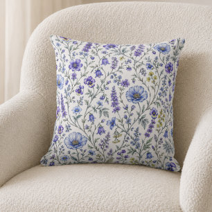 Coussin Motif de fleur sauvage aquarelle bleu violet