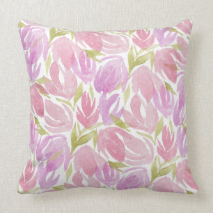 Coussin Motif de fleurs aquarelles rose fuchsia violet