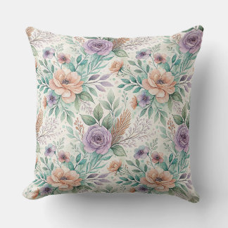 Coussin Motif de fleurs de lavande et de pêche à l'aquarel