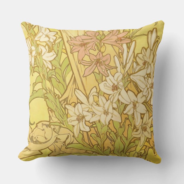 Coussin Motif de fleurs de lys d'Alphonse Mucha : Art nouv (Recto)