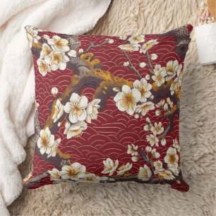 Coussin Motif de fleurs de prunier japonais corail crème b