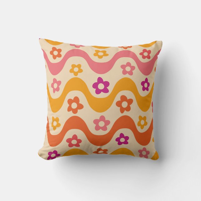 Coussin Motif de fleurs funky groovy sur des vagues rétro  (Recto)