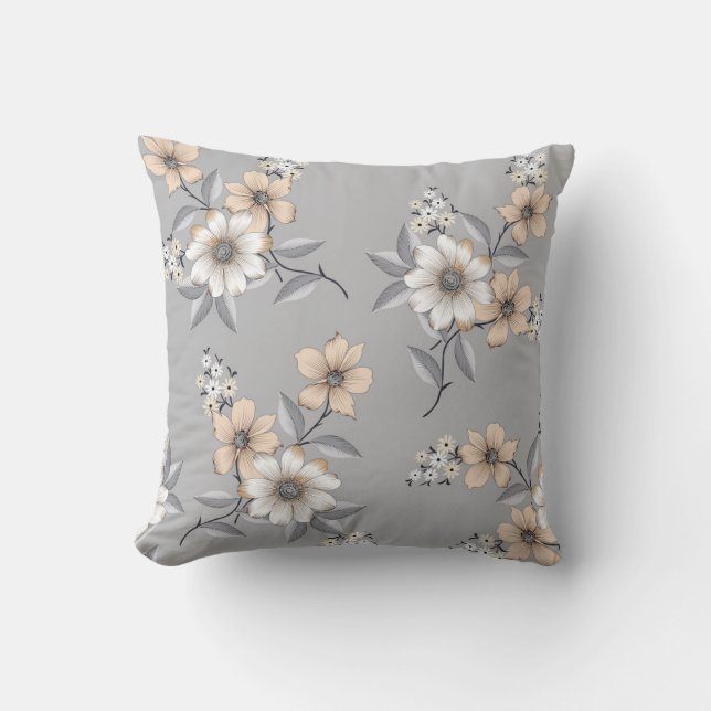 Coussin motif de fleurs grises et blanches sur fond gris (Recto)