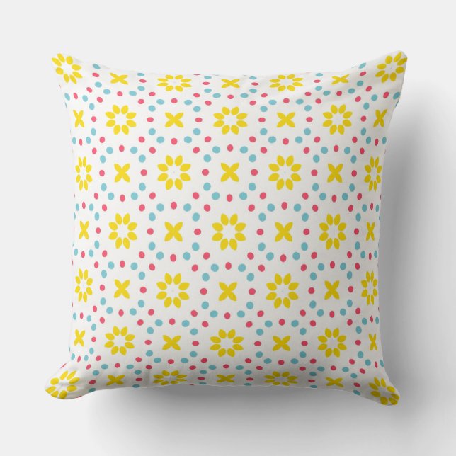 Coussin motif de fleurs jaunes et de points rouges et bleu (Recto)
