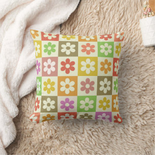 Coussin Motif de fleurs rétro colorées à carreaux