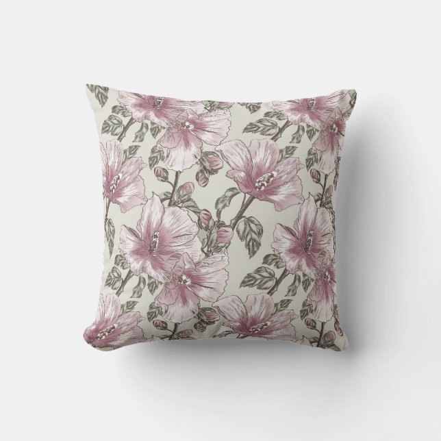 Coussin Motif de fleurs rose amorti de ketmie (Recto)