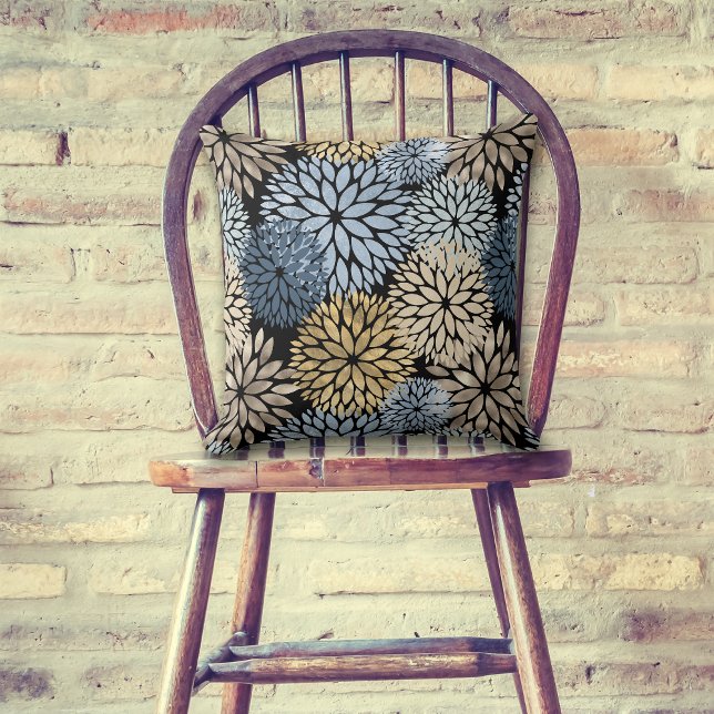 Coussin Motif de fleurs surdimensionné Dahlia Blue Gold (Créateur téléchargé)
