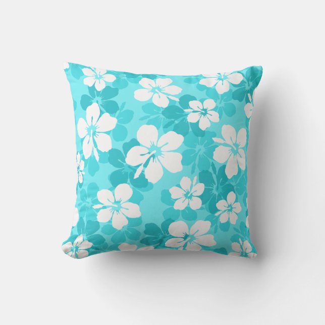 Coussin Motif de fleurs tropicales bleu et blanc Hibiscus (Recto)