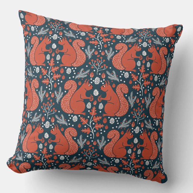Coussin Motif de forêt boisée de l'écureuil (Squirrels in the Forest woodland art throw pillow)