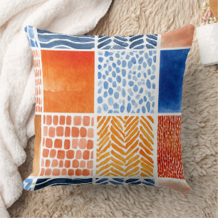 Coussin Motif de grille aquarelle dynamique en bleu et ora