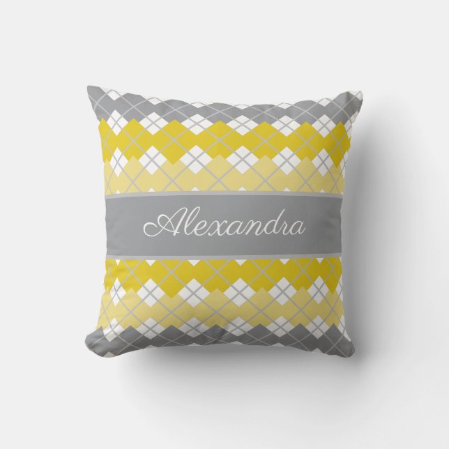 Coussin Motif de Jacquard jaune et gris Nom personnalisé (Recto)